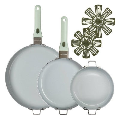 7-Piece Ceramic Nonstick Set (8\", 9.5\", 12\") with 2 Removable Handles, Sage Green