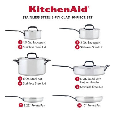 10-Piece 5-Ply Clad Stainless Steel Cookware Set (Induction Safe)