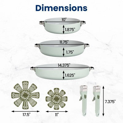 7-Piece Ceramic Nonstick Set (8\", 9.5\", 12\") with 2 Removable Handles, Sage Green