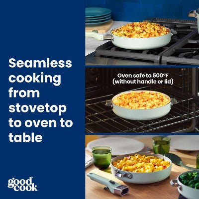 7-Piece Ceramic Nonstick Set (8\", 9.5\", 12\") with 2 Removable Handles, Sage Green